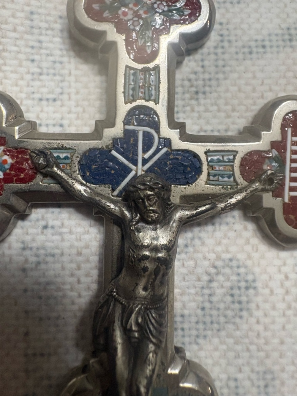 Silver Crucifix with Enamel Inlay - Blue & Red Accents rare and beautiful